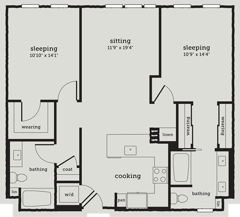 Floor plan for 2 beds, 2 baths, 1041 sqft